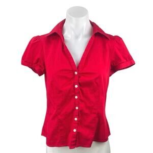 Ann Taylor Loft Petites Red Puff Sleeve Collared Button Down Shirt Blouse Top S